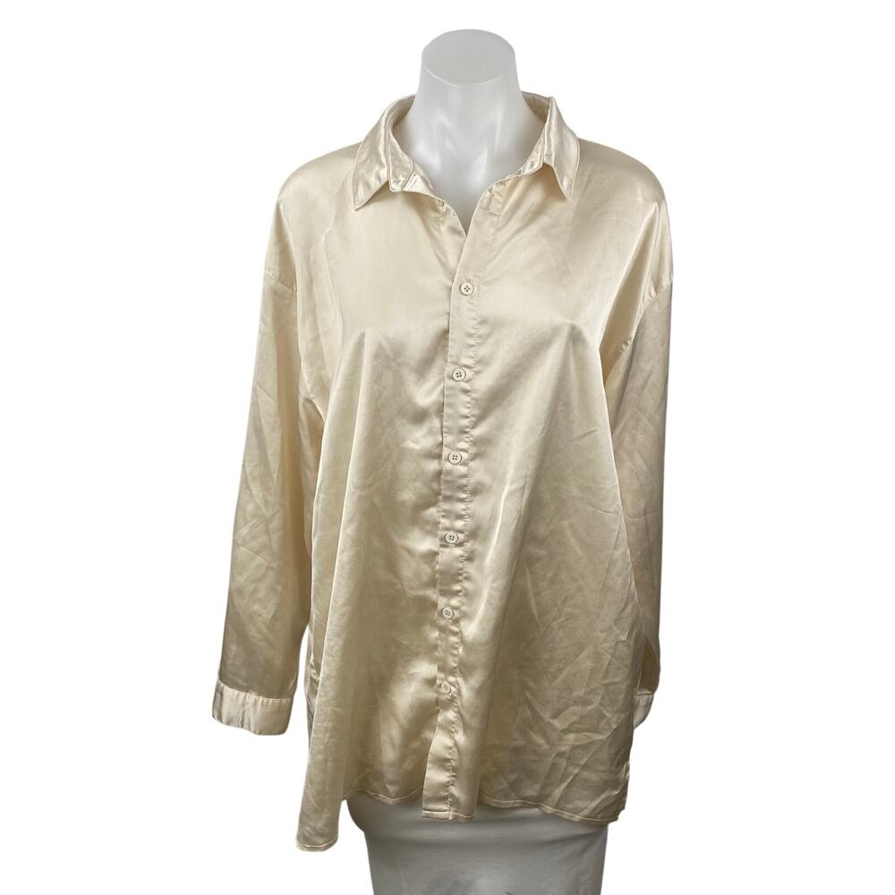 Missguided Women's Cream Silk Satin Long Sleeve Loose Button Down Shirt Top 6